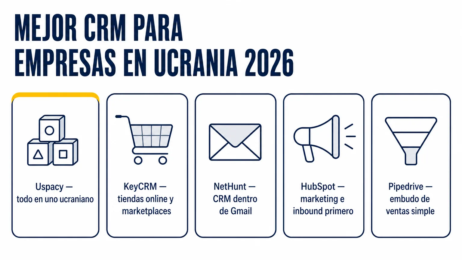 Seis CRM para empresas en Ucrania en 2026: Uspacy como todo en uno, KeyCRM para tiendas online, NetHunt dentro de Gmail, HubSpot para marketing, Pipedrive para un embudo simple
