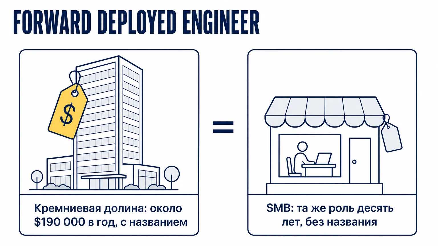 Forward Deployed Engineer в Кремниевой долине стоит около $190 000 в год и имеет название; малый бизнес десять лет покупает ту же роль у интеграторов без названия