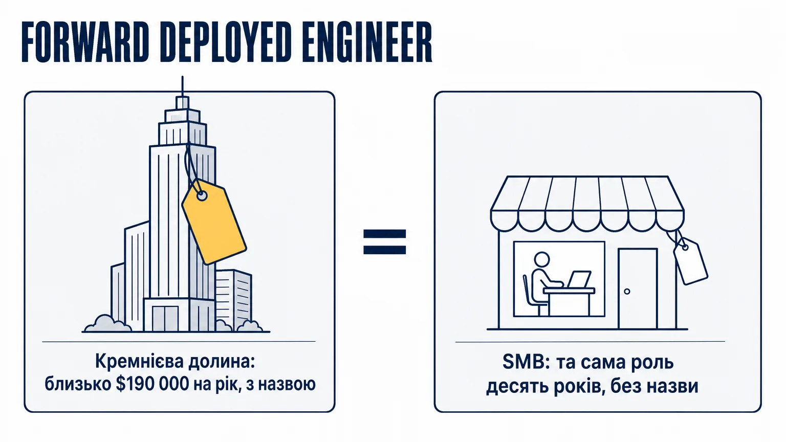 Forward Deployed Engineer у Кремнієвій долині коштує близько $190 000 на рік і має назву; малий бізнес десять років купує ту саму роль у інтеграторів без назви