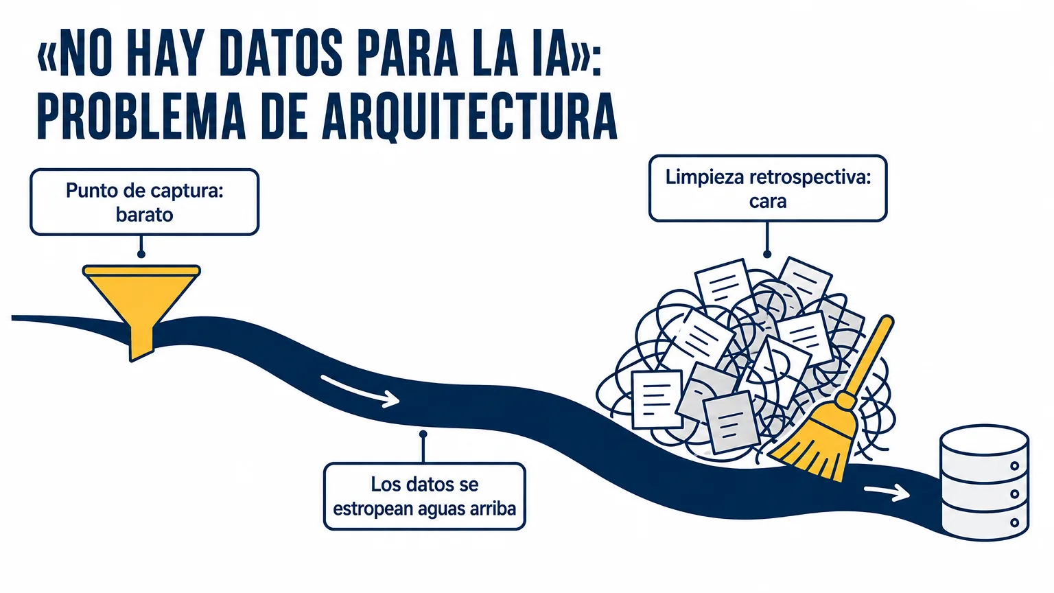 Río de datos: un punto de captura barato en el nacimiento frente a una limpieza retrospectiva cara aguas abajo; los datos se estropean aguas arriba, así que el problema está en la arquitectura y no en la base