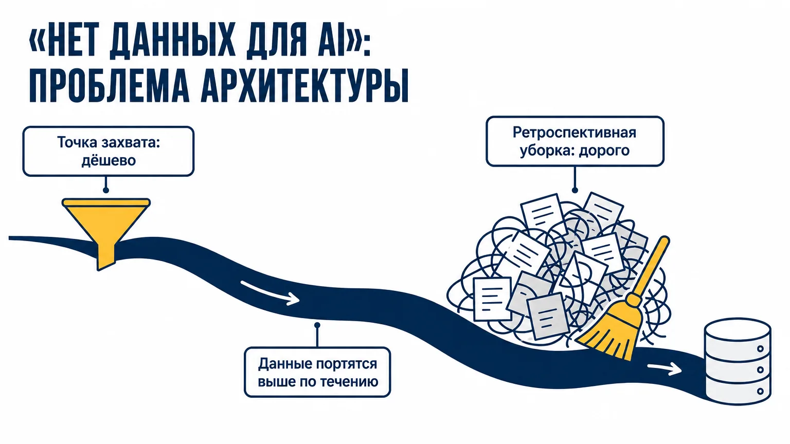 Река данных: дешёвая точка захвата у истока против дорогой ретроспективной уборки ниже по течению — данные портятся выше по течению, поэтому проблема в архитектуре, а не в базе